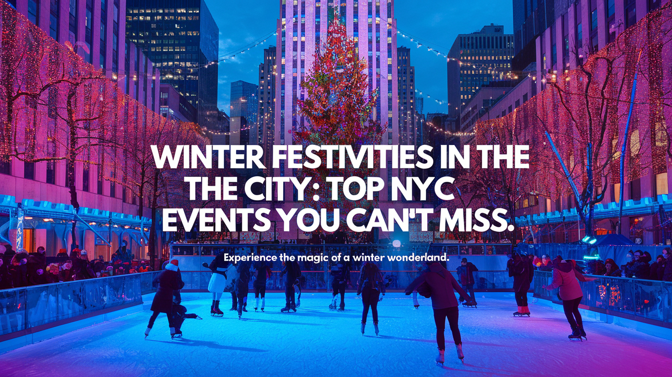 A vibrant and festive Pinterest-style image with bold colors of a wintery New York City backdrop. The image features the Rockefeller Center Christmas tree, ice skaters, and twinkling holiday lights. The image is overlaid with bold, eye-catching text: "Winter Festivities in the City: Top NYC Events You Can't Miss," and a smaller subtext reading, "Experience the Magic of a Winter Wonderland."