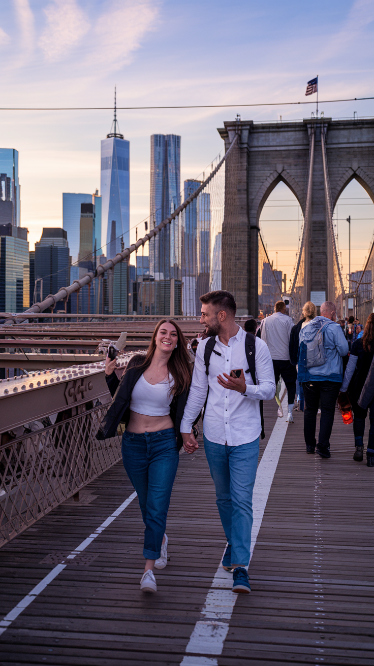 A photo of a couple walking hand-in-hand on the Brooklyn Bridge during golden hour, with the Manhattan skyline glowing in the background. The couple is dressed casually with small backpacks, looking relaxed and happy. One of them is holding a phone, perhaps taking a photo or checking their itinerary. Around them, other visitors and locals add to the energy of the iconic NYC landmark. The scene highlights an affordable yet memorable moment on their NYC adventure.