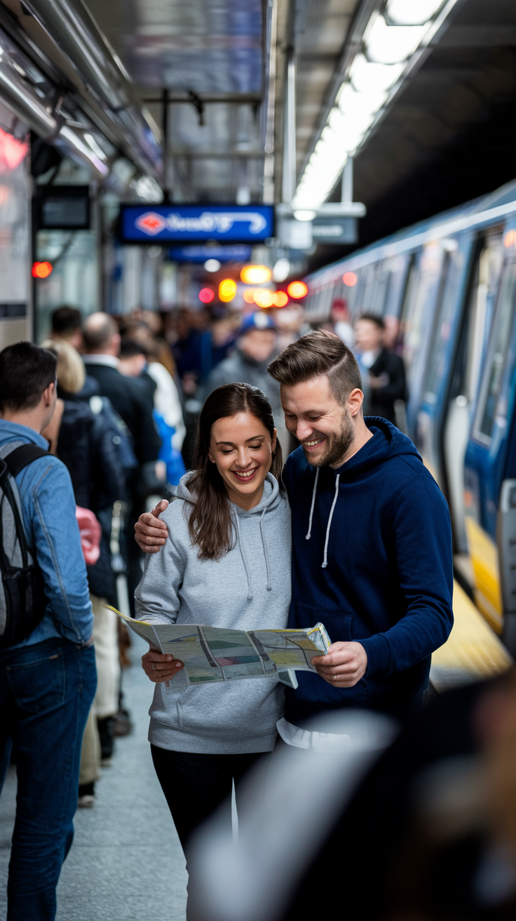 A vibrant image of a casually dressed couple standing on a New York City subway platform. The woman is wearing a gray hoodie and the man is wearing a navy blue hoodie. They are holding a subway map and are laughing. The background is filled with a mix of locals and tourists. The platform is bustling with activity as a train is arriving. The scene highlights the practicality and energy of using public transportation in NYC.