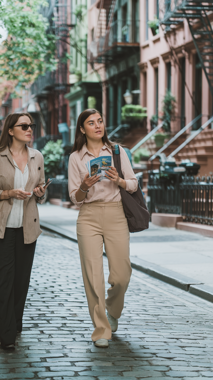 A photo of a solo traveler following a guide on a historical walking tour of Greenwich Village. The traveler is holding a brochure in one hand and her phone in the other. The background reveals charming cobblestone streets and brownstone buildings. The overall image has a warm hue.