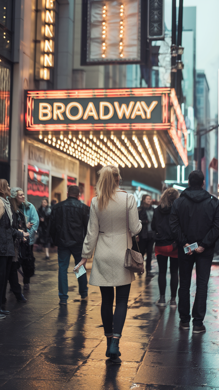 A photo of a solo traveler dressed in semi-formal attire walking towards a lit-up Broadway theater marquee on a bustling evening in Times Square. The traveler is holding a ticket in her hand, her face lit with excitement as neon lights reflect on the wet pavement. Other theatergoers surround her, adding to the lively pre-show atmosphere.