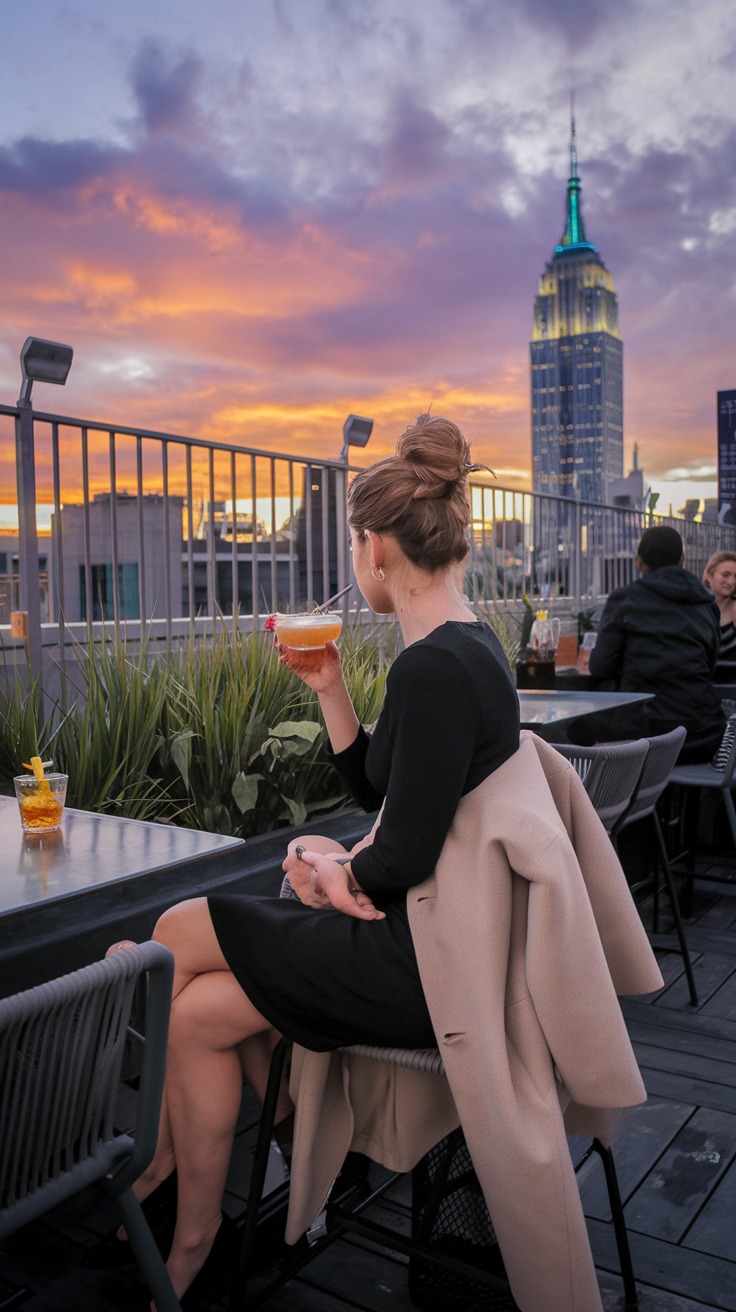 A photo of a woman enjoying a cocktail at a rooftop bar in New York City. She is seated near the edge of the bar, with a perfect view of the Empire State Building glowing in the evening light. The woman is wearing a white blouse and a beige skirt. She has her hair up in a bun. In the background, the skyline of New York City is visible, with the Empire State Building and other buildings illuminated. The ambiance is cozy, with twinkling lights and elegant decor.