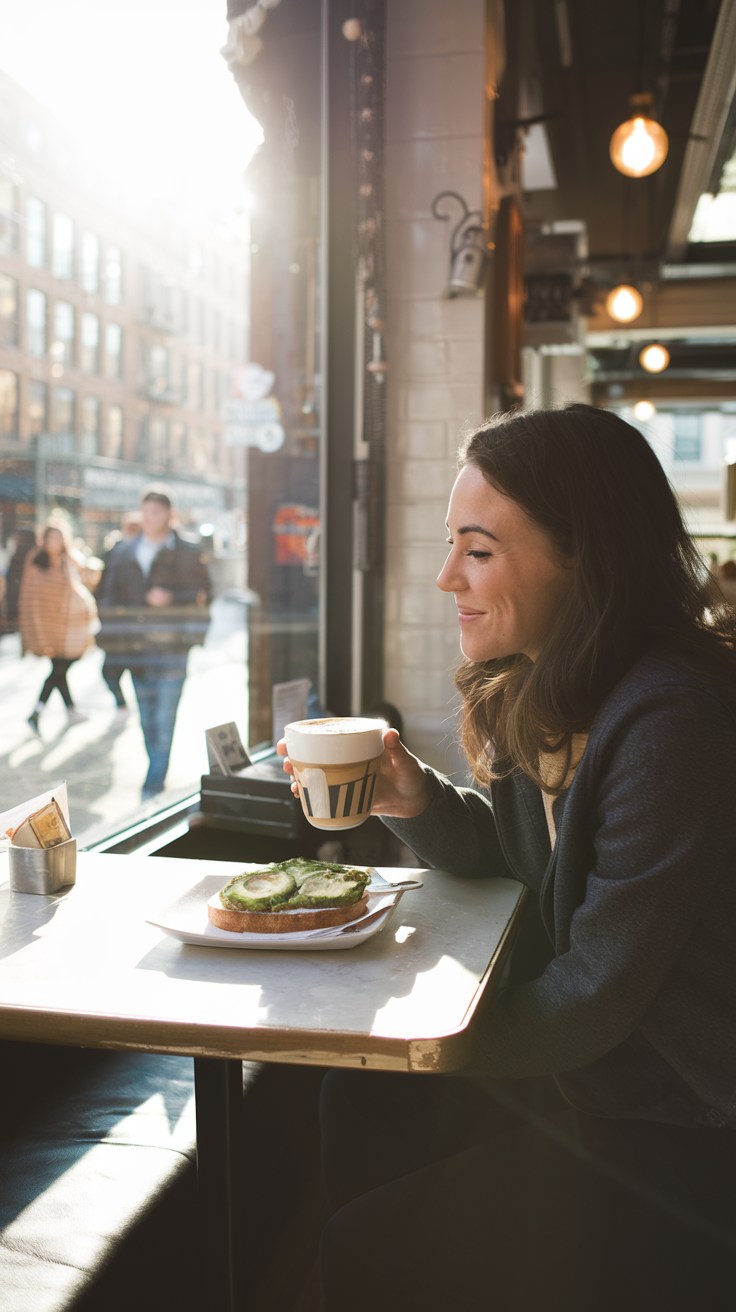 A photo of a solo traveler enjoying a latte and avocado toast at a small, stylish cafe in the West Village. She is seated at a window seat, watching pedestrians pass by on a sunny morning. The cafe is filled with soft light, rustic decor, and a relaxed atmosphere, making it an inviting space for a leisurely solo brunch.