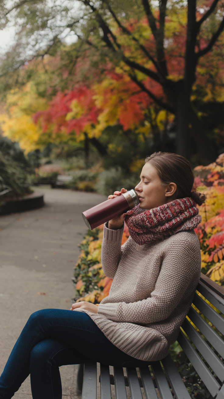 A photo of a solo traveler dressed in a cozy sweater and scarf sitting on a bench surrounded by vibrant autumn foliage in the New York Botanical Garden. She's sipping a warm drink from a thermos, her face relaxed and thoughtful. Nearby, a peaceful walking path winds through colorful trees, evoking a tranquil retreat from the city.