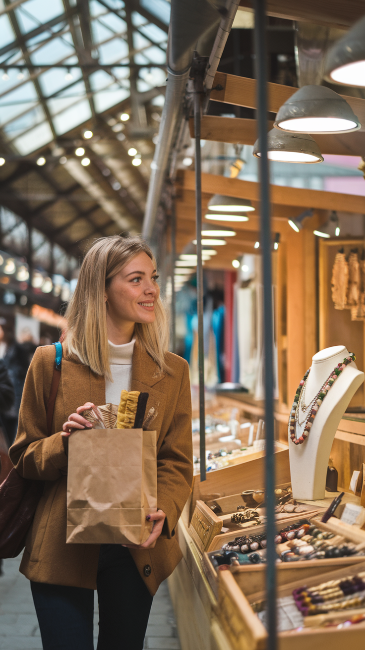 A photo of a solo traveler strolling through Chelsea Market, holding a small paper bag of gourmet treats. She pauses to admire an artisan jewelry stall, her face lit with curiosity. The industrial-chic setting, with warm lighting and vibrant displays, captures the eclectic charm of the market.