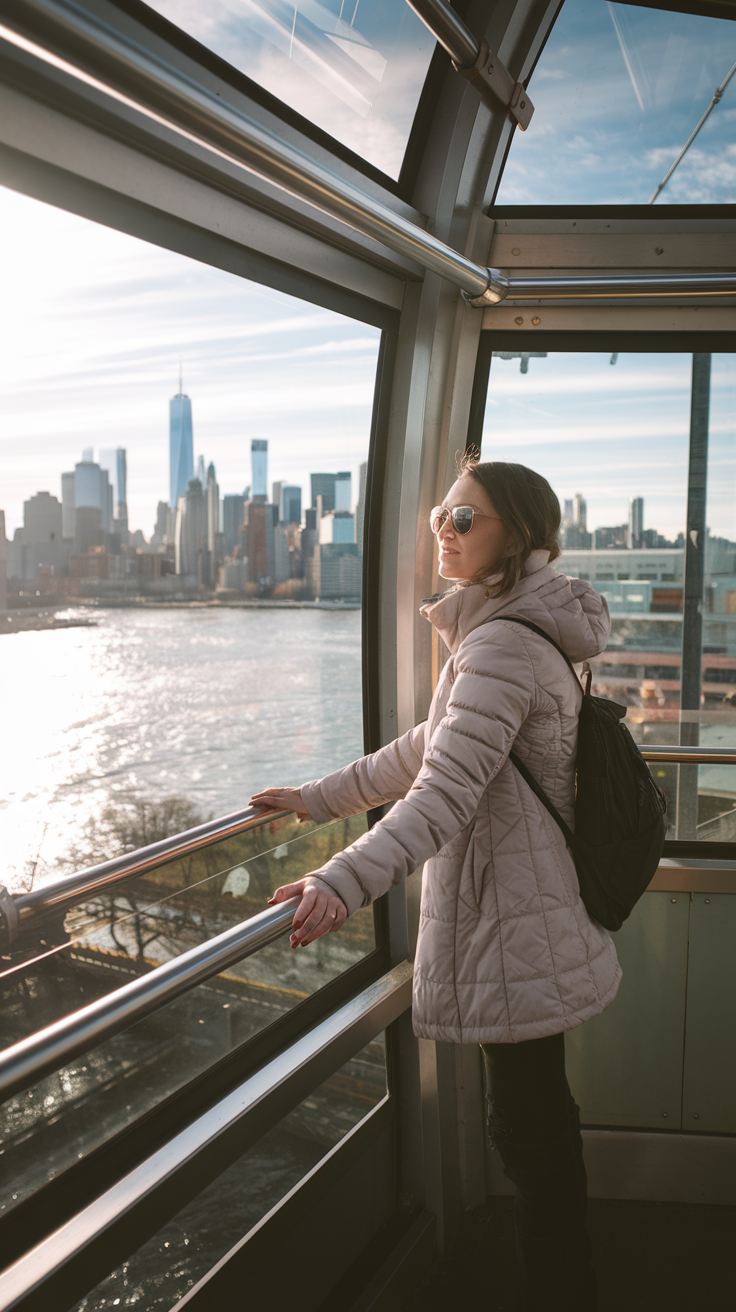 A photo of a solo traveler riding the Roosevelt Island Tramway. She is standing by the window with her hands lightly gripping the railing. The cityscape of New York City unfolds below, with the East River glimmering in the sunlight. The traveler is dressed warmly for the cool weather and is enjoying the unique perspective of NYC.