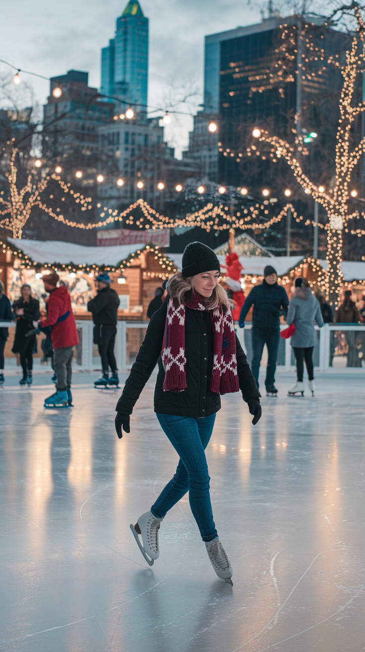 A photo of a solo traveler gliding gracefully on the ice at Bryant Park's Winter Village. The traveler is bundled up in a festive scarf and beanie. The rink sparkles with holiday lights. Nearby, other skaters and holiday market stalls create a cheerful atmosphere. The iconic NYC backdrop adds magic to the scene.