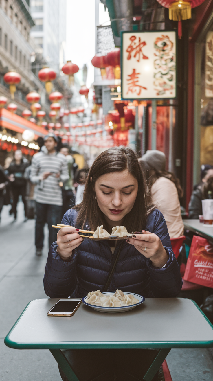 A photo of a solo traveler sitting at a small table in Chinatown, savoring a plate of steaming dumplings. She's dressed casually, with her phone nearby, capturing photos of the food for memories. Around her, the bustling street is alive with lanterns, colorful signs, and other diners enjoying authentic cuisine.