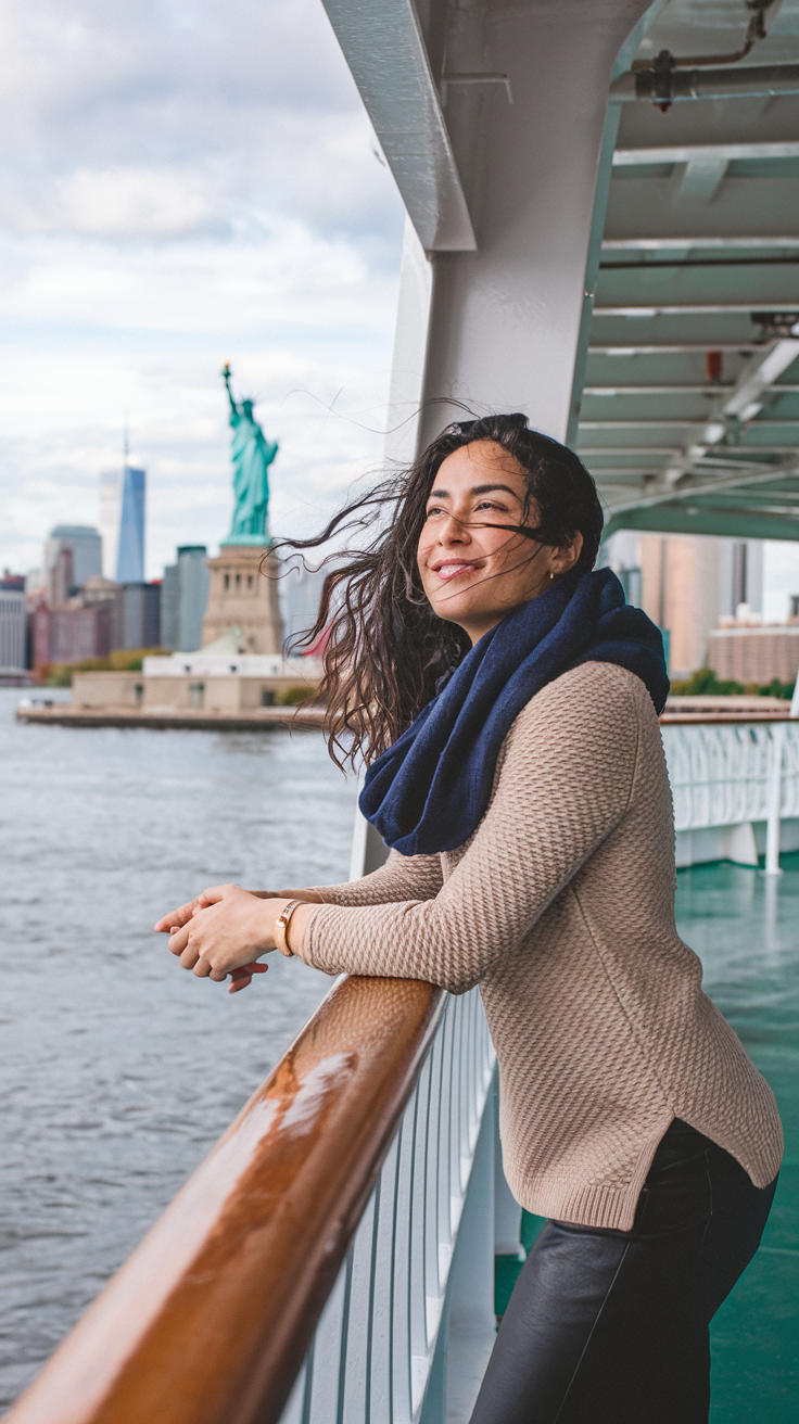 A photo of a solo traveler leaning against the railing of the Staten Island Ferry. The wind gently blows her hair. She's smiling as she watches the Statue of Liberty pass by, with the Manhattan skyline gleaming in the background. The open-air deck creates a serene and awe-inspiring moment.