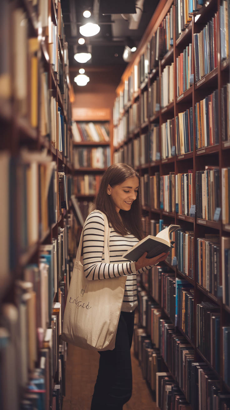 A photo of a solo traveler browsing a towering bookshelf inside the Strand Bookstore. The traveler is surrounded by warm lighting and the smell of books. She's holding an open book and smiling, engrossed in its pages. Her tote bag is slung over her shoulder, with a few other literary finds peeking out. The background contains more bookshelves. The overall atmosphere is cozy and intellectual.