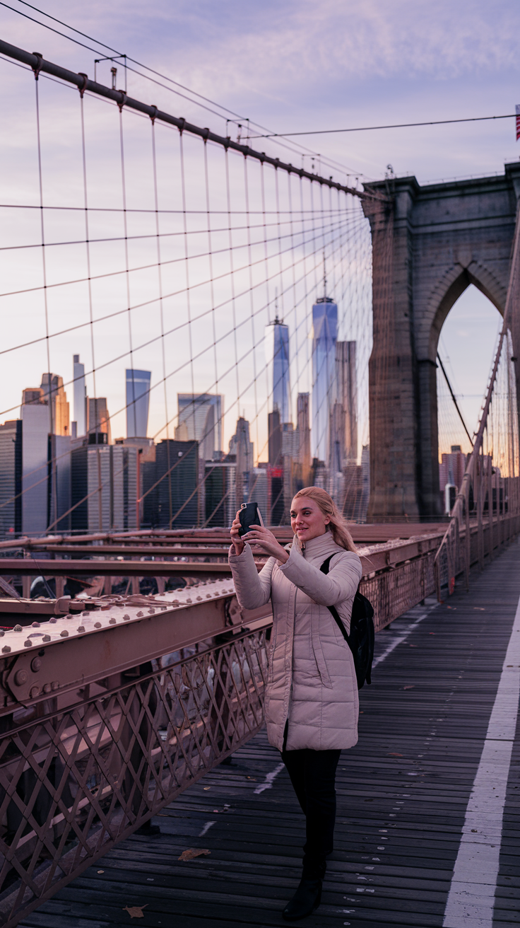 A photo of a solo traveler in her 30s dressed in a warm coat and carrying a small backpack walking across the Brooklyn Bridge on a crisp autumn morning. The Manhattan skyline rises majestically behind her, and the warm hues of sunrise light up the iconic cables. She pauses mid-bridge to take a photo with her phone, capturing the perfect NYC solo travel moment.