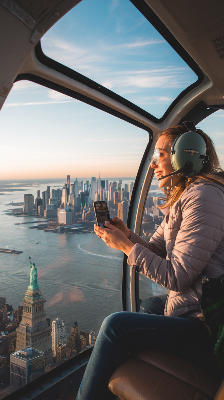 A photo of a solo traveler sitting inside a helicopter, her face illuminated by excitement as she gazes out the window. Below her, the sprawling NYC skyline stretches into the distance, with the Statue of Liberty prominently visible. She's holding her phone, ready to snap an unforgettable aerial shot. The background is filled with skyscrapers and the iconic statue.