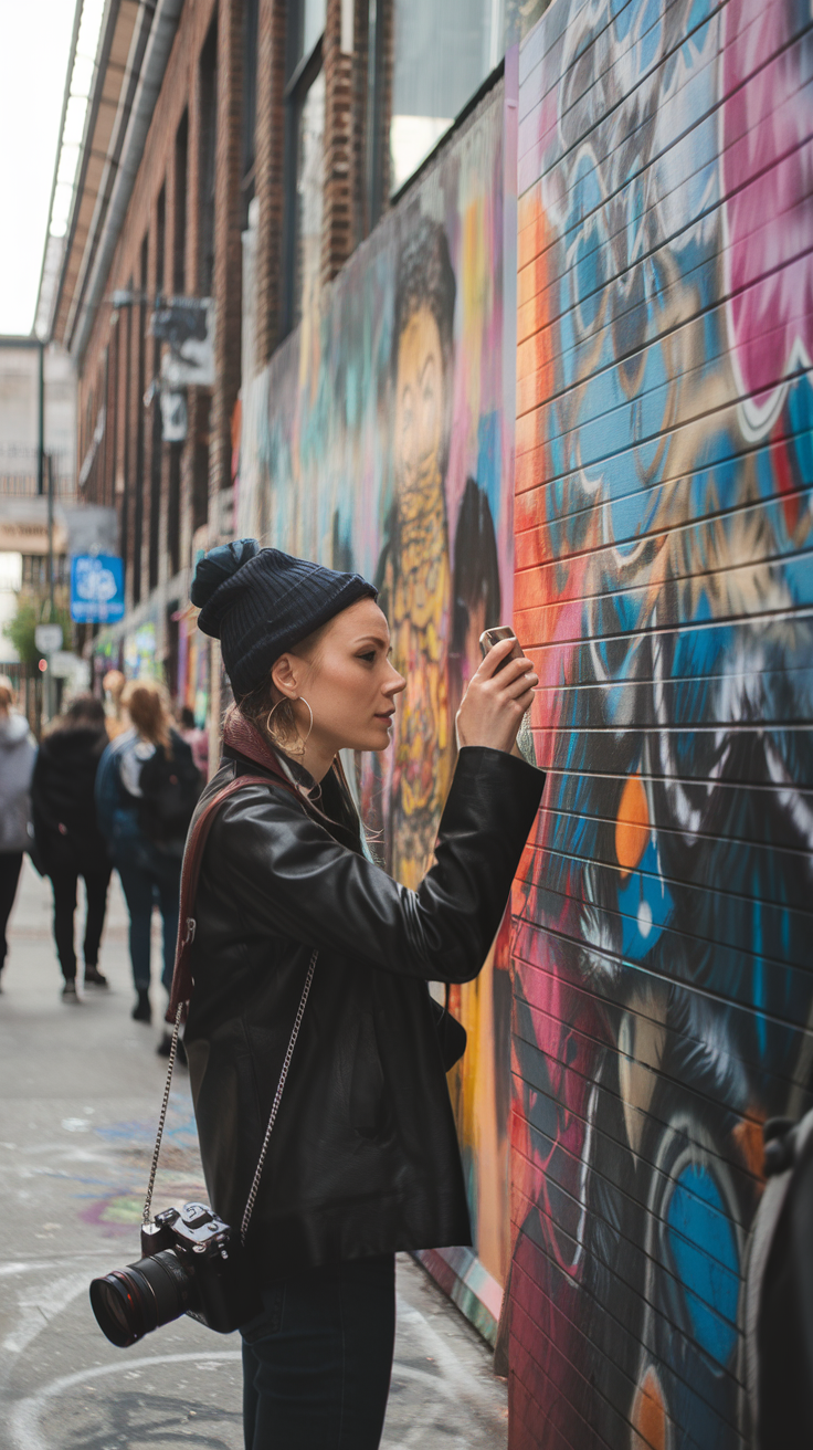 A photo of a stylish solo traveler with a camera hanging around her neck, exploring a street art mural in Bushwick, Brooklyn. The colorful graffiti-filled wall stretches behind her, showcasing vibrant urban creativity. She's taking a close-up photo of one particularly striking piece, surrounded by the energy of the neighborhood.