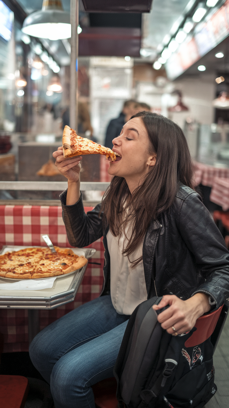 A photo of a solo traveler sitting at a small table in a classic New York pizzeria. She is taking a big bite of a cheesy slice of pizza. She is dressed casually and her backpack is resting on the chair next to her. The red-and-white checkered tablecloth and bustling atmosphere make it a quintessential NYC pizza moment.