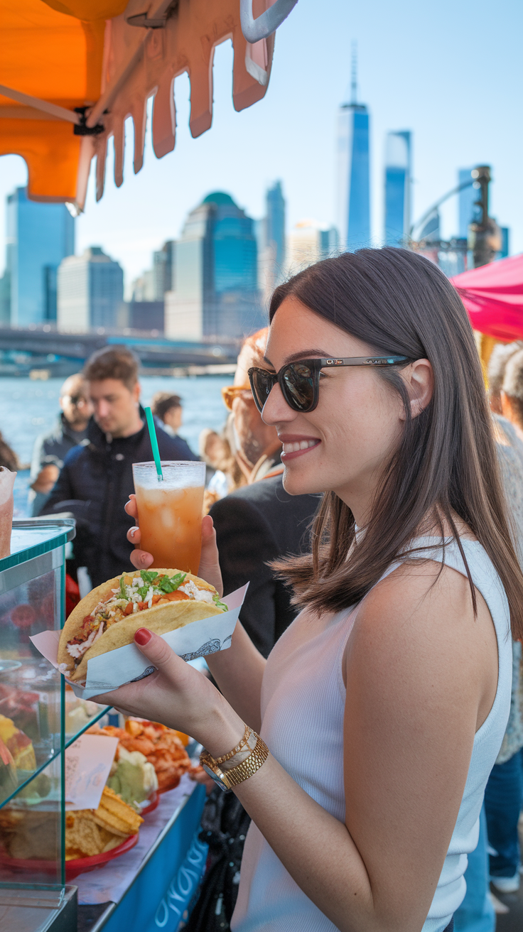 A photo of a solo traveler at Smorgasburg holding a gourmet taco in one hand and a refreshing drink in the other. She is standing near a vendor's stall, surrounded by a lively crowd. The East River and Manhattan skyline gleam in the background, while the colorful food and festive energy of the market create a vibrant scene.