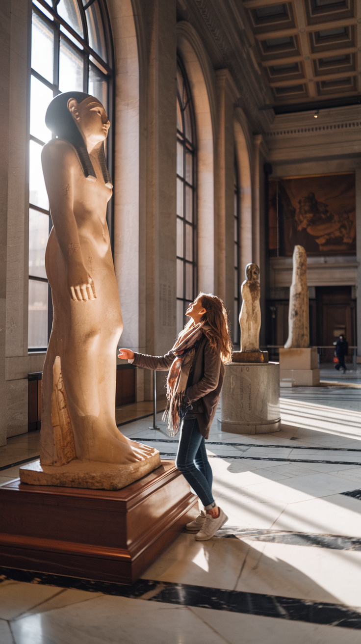 A young solo traveler in her late 20s, casually dressed in a stylish jacket and scarf, stands inside the grand hall of the Metropolitan Museum of Art. She’s admiring a large ancient Egyptian statue, with sunlight streaming through the tall windows onto the marble floors. The scene captures the elegance of the Met’s architecture, the beauty of the art, and the peaceful joy of solo exploration.