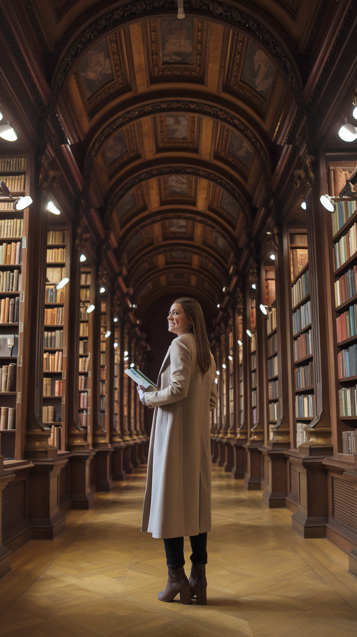 A photo of a solo traveler in her early 30s, wearing a chic coat and boots, standing inside the Morgan Library & Museum. She admires the richly decorated ceiling and towering bookshelves filled with rare manuscripts. The soft lighting highlights the museum's opulent details, and she holds a small guidebook as she explores this literary treasure.