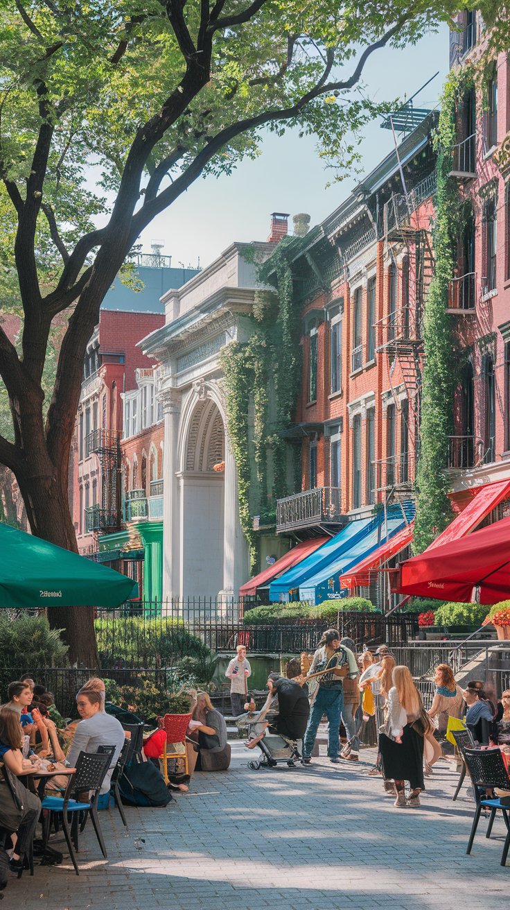 A photo of Greenwich Village in New York City on a sunny summer day. There are historic brownstones with tree-lined streets. Washington Square Park is bustling with life, featuring musicians, street performers, and sunbathers. The iconic arch stands proudly in the park. Quaint cafes and unique boutiques line the narrow streets, with colorful awnings shading outdoor tables where locals sip coffee and chat. Ivy-covered buildings and tucked-away gardens give the neighborhood a cozy, almost secretive feel. The energy of students and artists adds a creative pulse to this beloved corner of New York City.