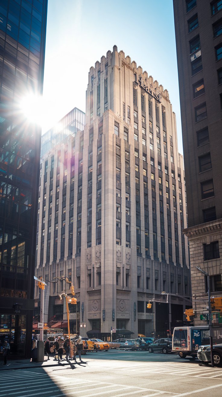 A photo of the bustling streets of Hell's Kitchen with the Hearst Magazine Building in the background. The sun is shining brightly, casting long shadows. The building's Art Deco base is visible, with its ornate stone detailing and geometric designs. The original six-story structure, built in 1928, stands firm against the city's relentless modernization.