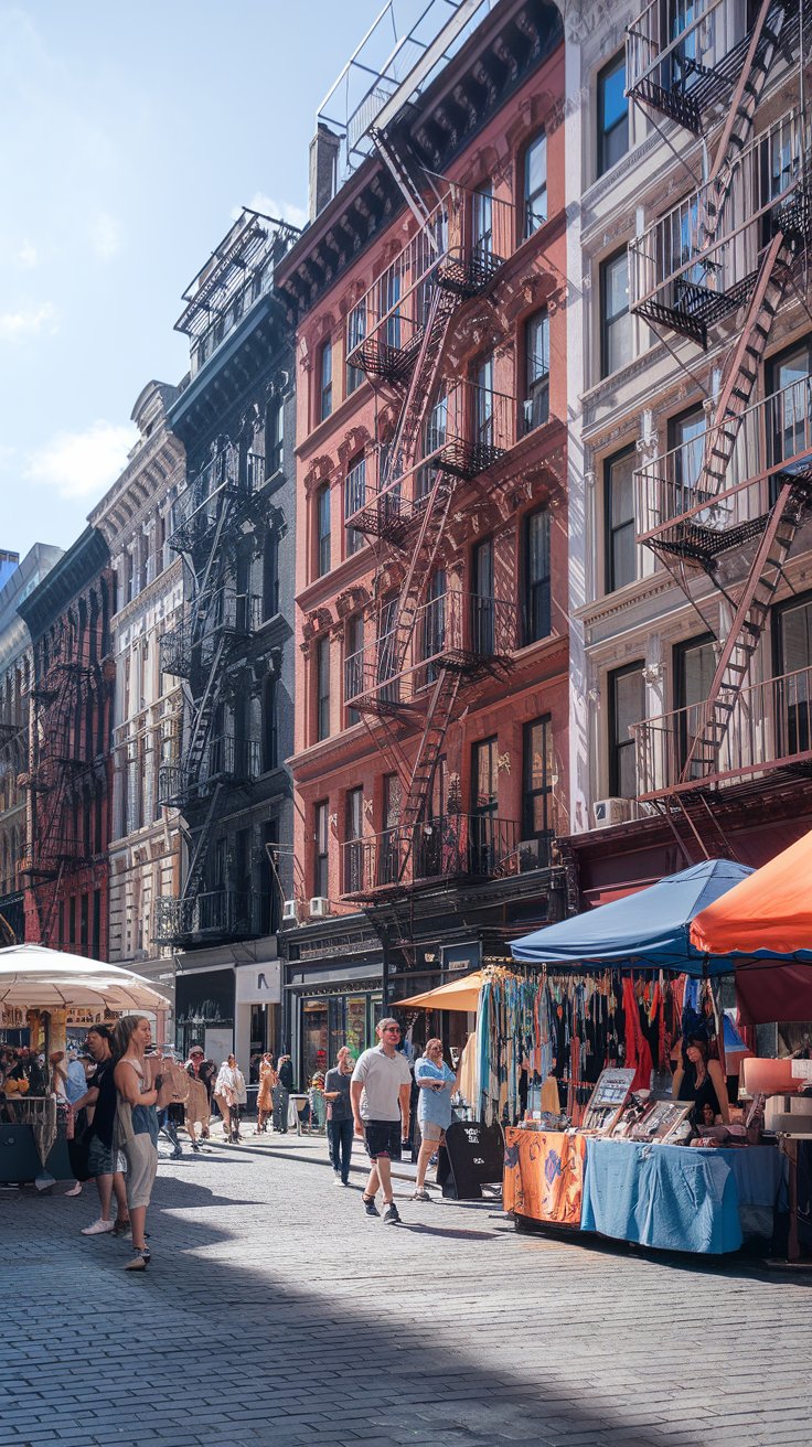 A photo of SoHo on a bright summer day, with its iconic cast-iron buildings bathed in sunlight. The grand facades showcase large windows and intricate detailing. The cobblestone streets are bustling with activity, as trendy boutiques, art galleries, and cafes spill over with locals and visitors. Street vendors display handmade jewelry and unique artwork, adding splashes of color to the urban palette. Fire escapes crisscross the buildings, lending a timeless charm to this chic, artistic neighborhood. The air is filled with a mix of espresso, street food, and creativity, capturing SoHo's dynamic essence.