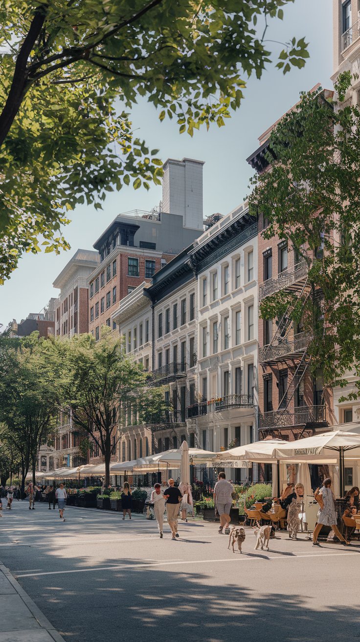 A photo of the Upper East Side on a sunny summer day. There are elegant townhouses and luxury high-rises along the tree-lined streets. Residents are strolling past designer boutiques and upscale cafes on Madison Avenue. Central Park is nearby, with joggers and dog walkers enjoying the warm weather. The classic architecture and refined atmosphere create a timeless charm in this iconic Manhattan neighborhood.