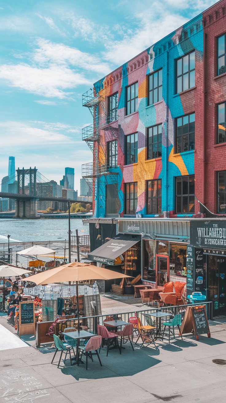 A photo of Williamsburg on a bright summer day. The background reveals a converted warehouse with a colorful mural. The foreground contains a trendy cafe with outdoor seating. There are vintage shops and craft breweries along the street. The East River can be seen in the background, reflecting the Manhattan skyline. The Williamsburg Bridge is visible in the background. The atmosphere is lively and artistic, with music drifting from open windows and outdoor markets.